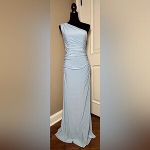 CELEBRATE DB STUDIO  Ruched Jersey One-Shoulder Dress Dusty Blue Size 6